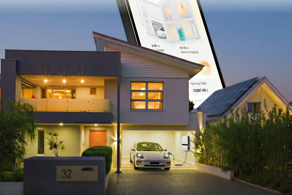 Modern smart home with integrated solar and electric vehicle bidirectional charging V2L Modern smart home with integrated solar and electric vehicle bidirectional charging V2L