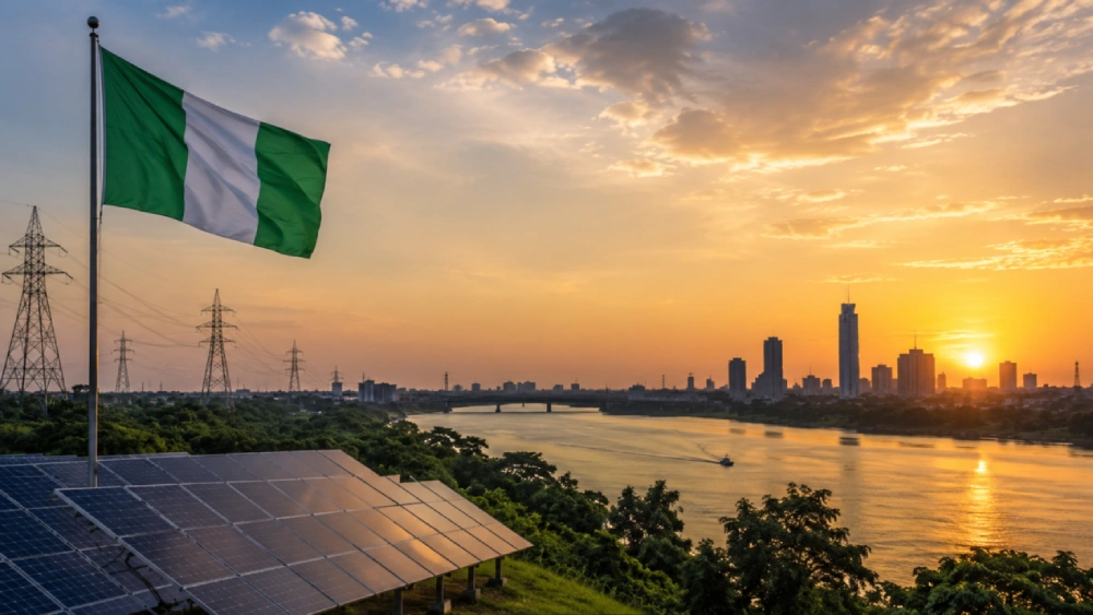 Romania solar energy with PV panels, power grid and city skyline at sunset Romania solar energy with PV panels, power grid and city skyline at sunset
